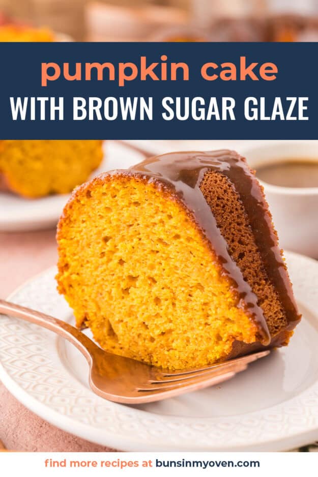 Slice of brown sugar glazed pumpkin cake on white plate.