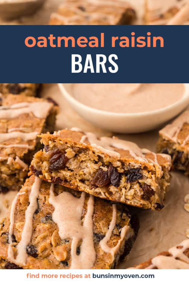 Oatmeal cookie bars with raisins and brown butter glaze.