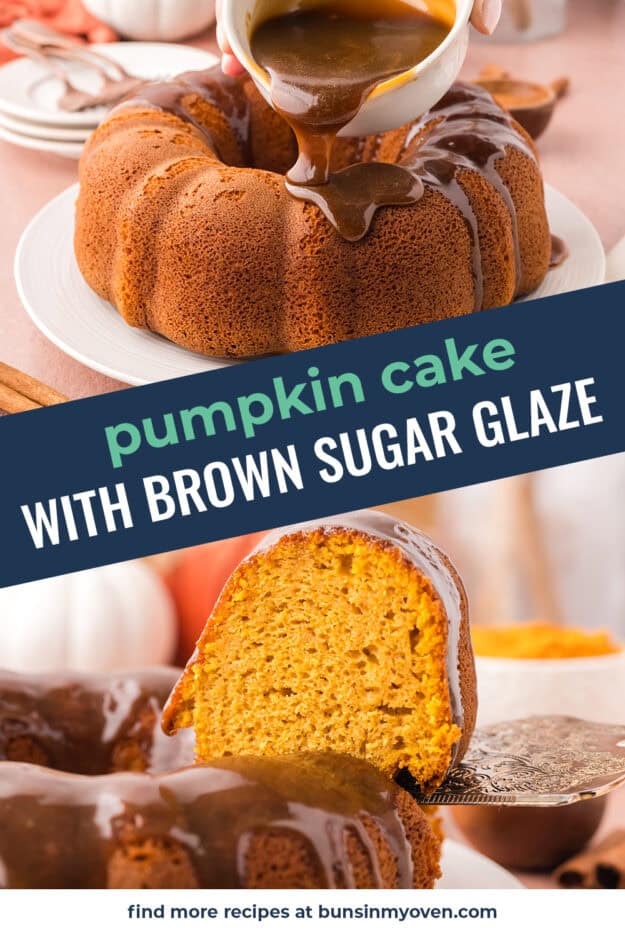 Collage of pumpkin cake images.This pumpkin cake with cake mix is so easy to make. Just a box of yellow cake mix, a can of pumpkin, and a rich brown sugar glaze poured right on top. Save this for your next fall baking day!