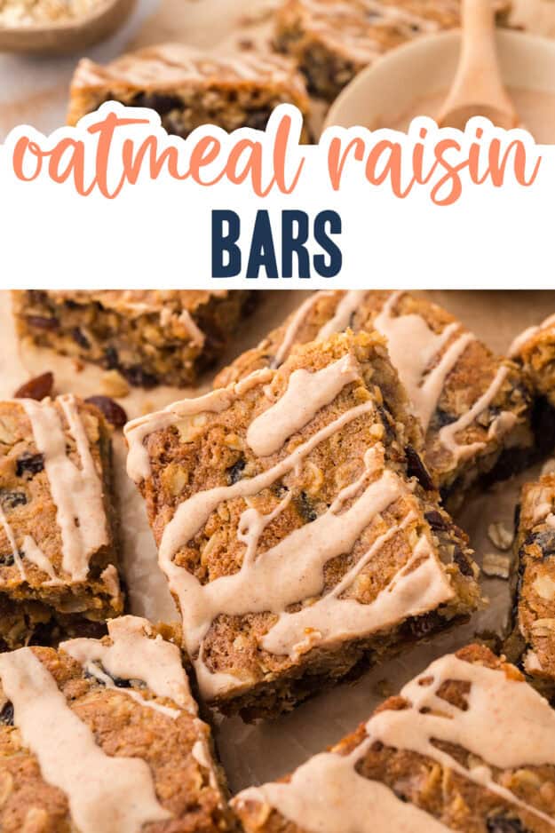 Pile of oatmeal raisin bars topped with cinnamon browned butter glaze.