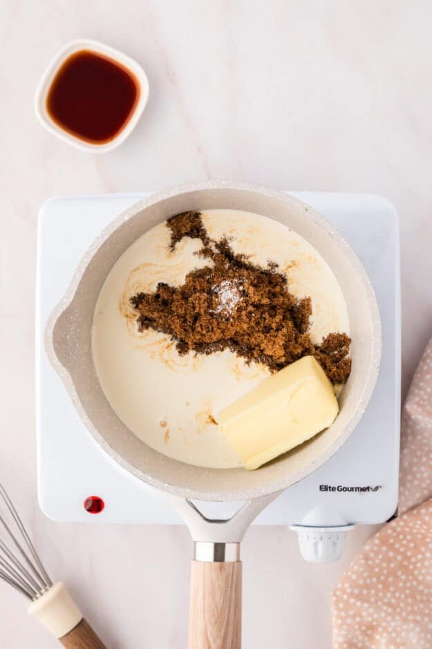 Butter, brown sugar, and cream in a saucepan.