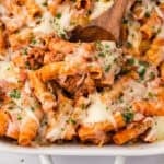 Baked rigatoni in casserole dish.
