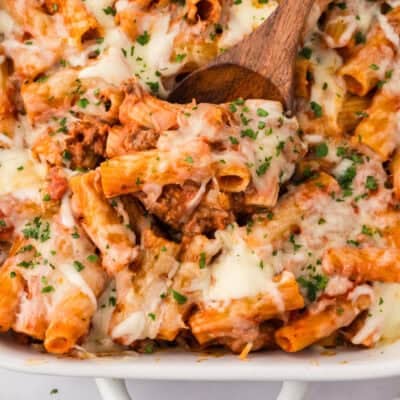 Baked rigatoni in casserole dish.