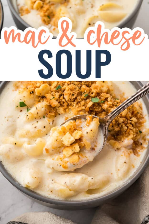 Macaroni and cheese soup in bowl with spoon.