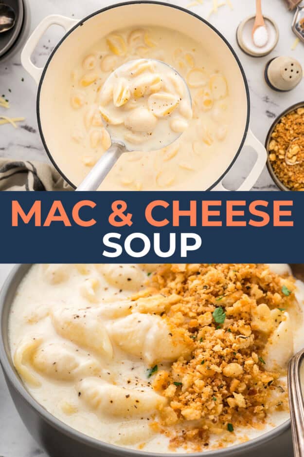 Collage of mac and cheese soup recipes.