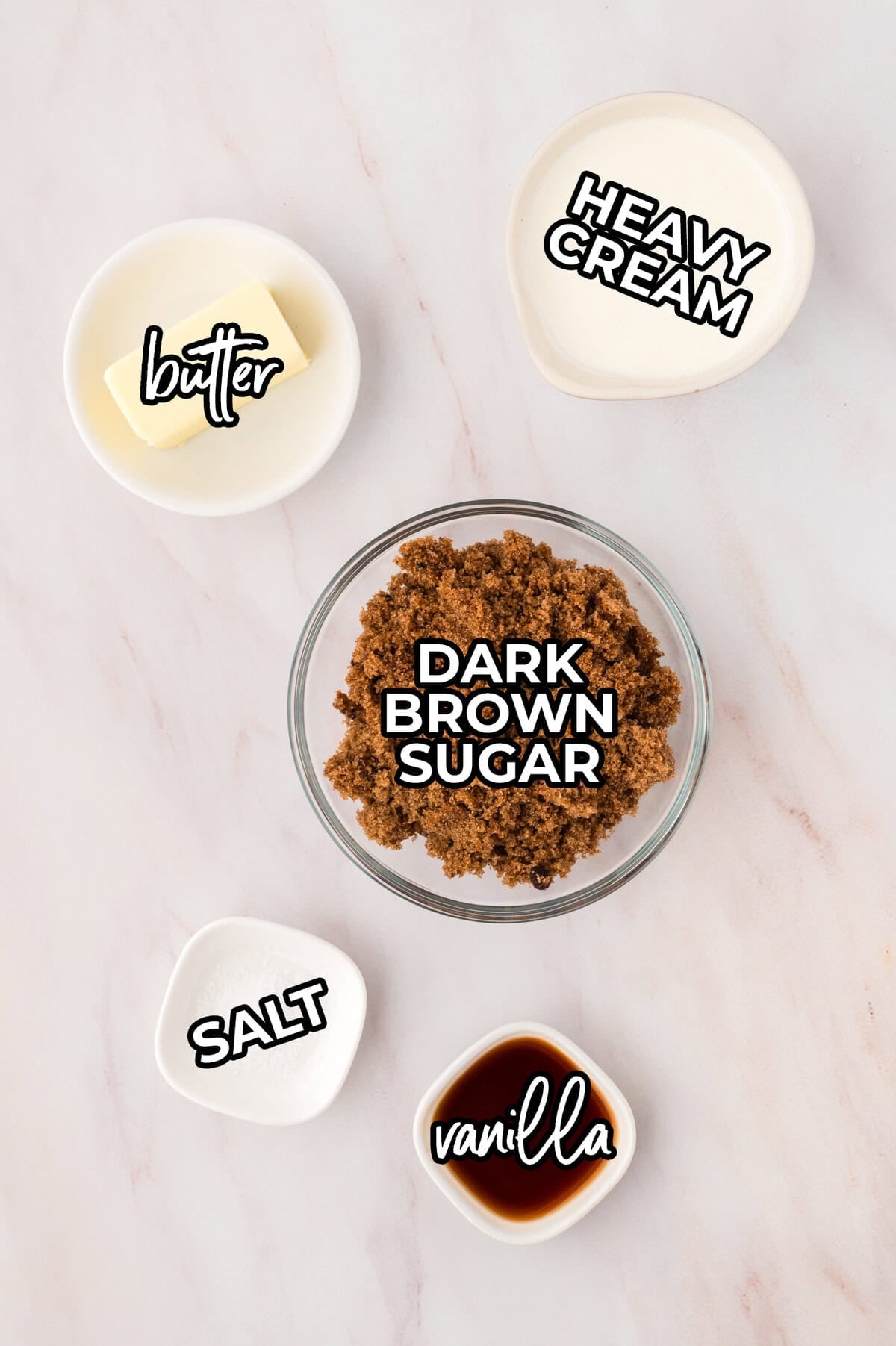 Ingredients for butterscotch sauce recipe laid out on counter.