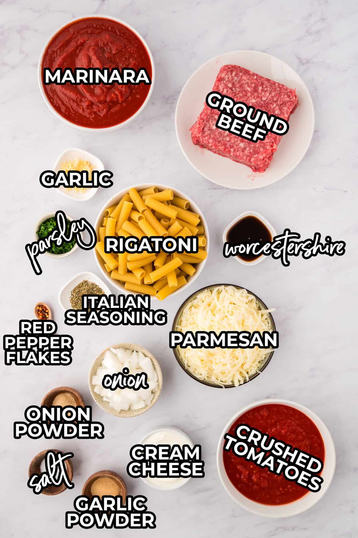 Ingredients for cream cheese baked rigatoni recipe.