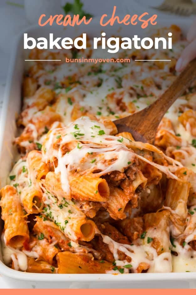 Baked rigatoni recipe in casserole dish.