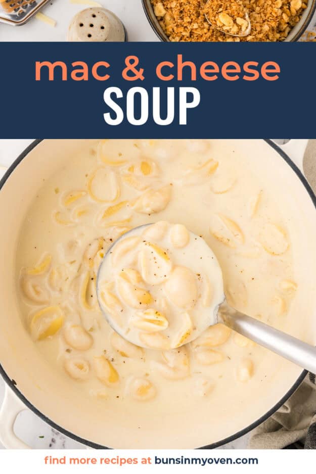 Mac and cheese soup in pot.