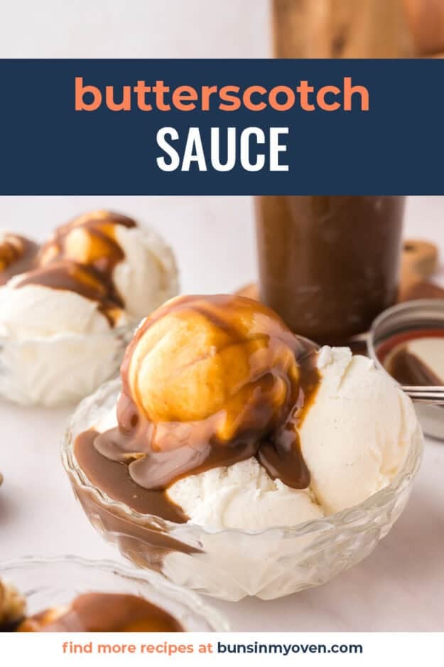 Butterscotch sauce over scoops of ice cream in a bowl.