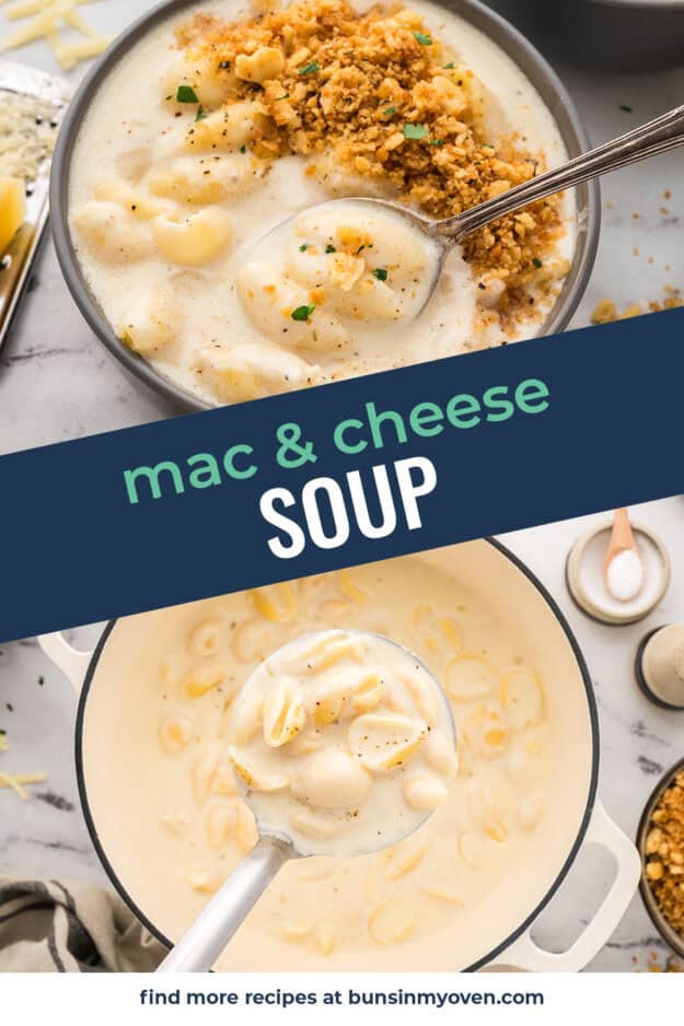 Collage of macaroni and cheese soup images.