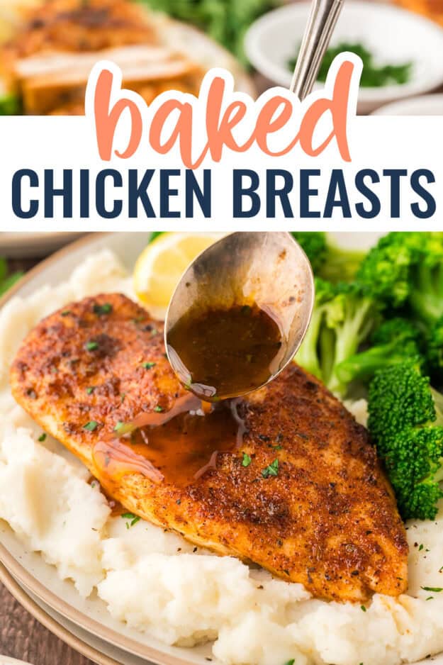 Pan sauce being spooned over baked chicken breast.