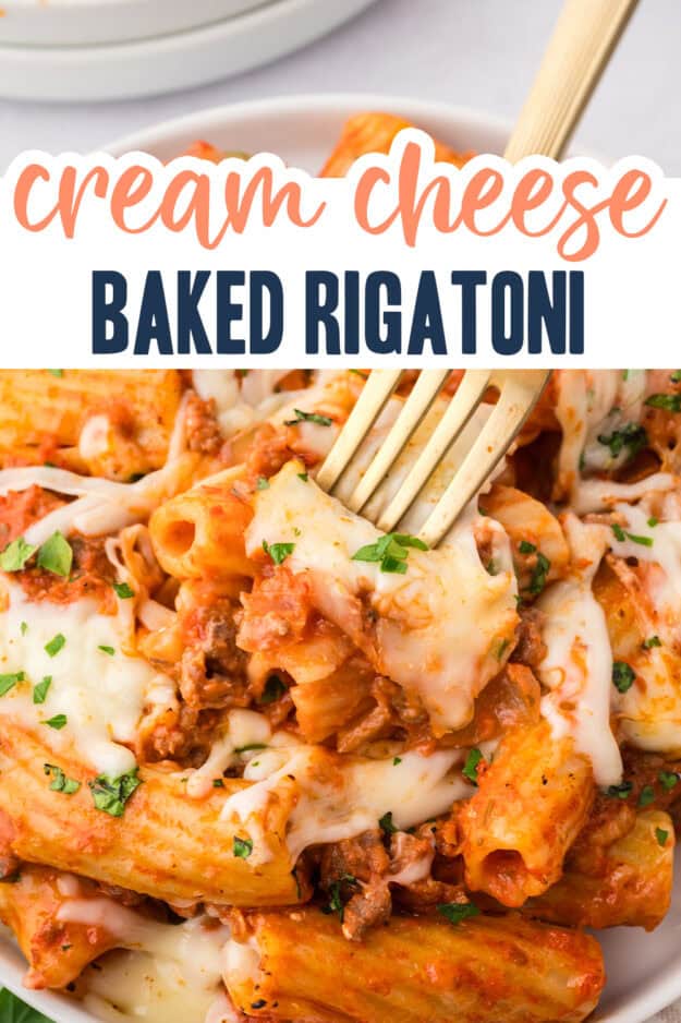Baked rigatoni with ground beef on plate.