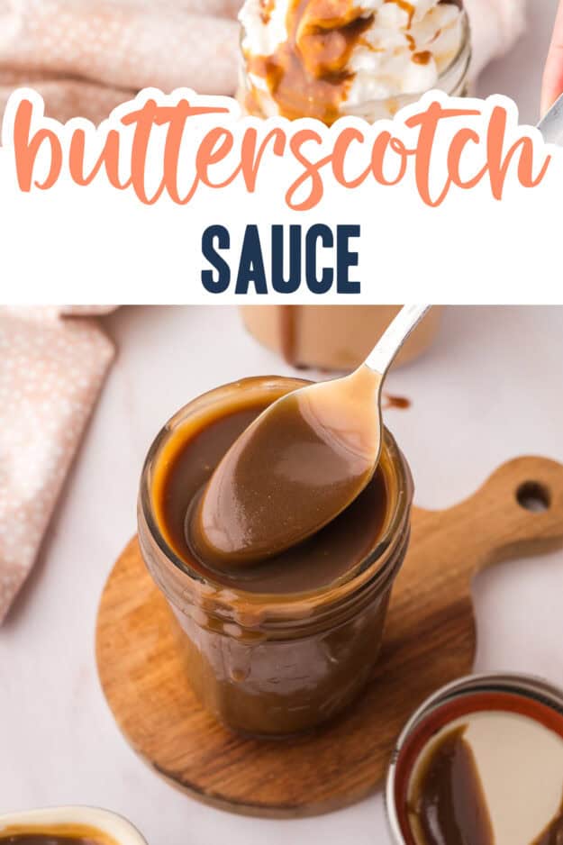 Spoon full of butterscotch over a mason jar.