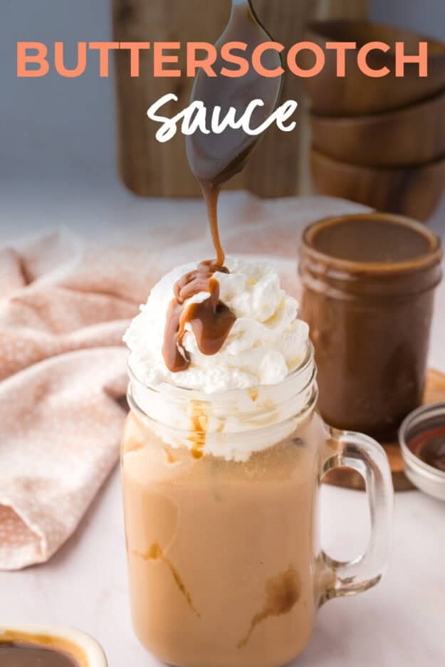 Butterscotch sauce recipe drizzled over latte.