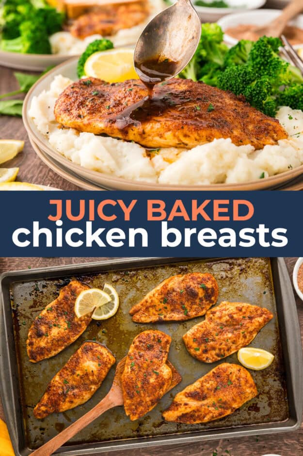 Collage of baked chicken breasts images.