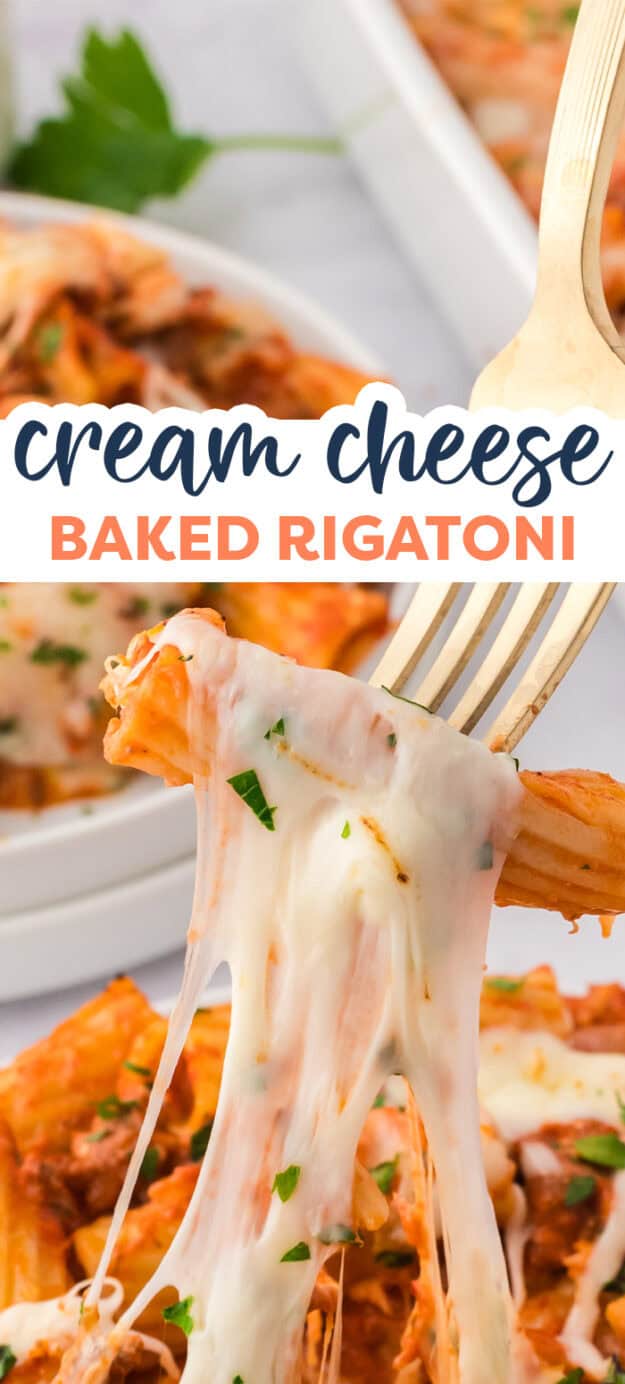 Cheesy baked rigatoni on fork.