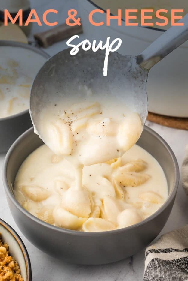 Ladle full of mac and cheese soup, being poured into bowl.
