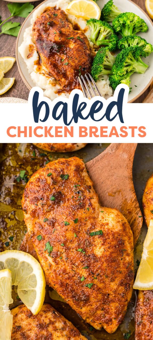 Collage of baked chicken breast images.