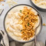 Macaroni and cheese soup in bowl.