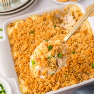 Dish full of million dollar chicken casserole recipe.