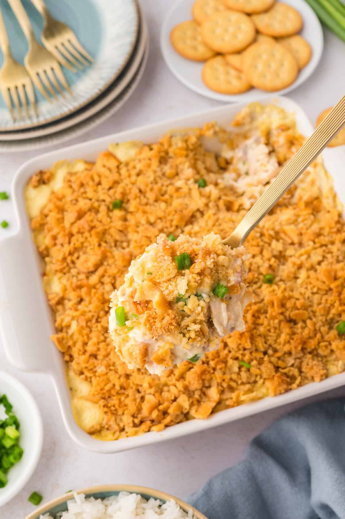 Dish full of million dollar chicken casserole recipe.