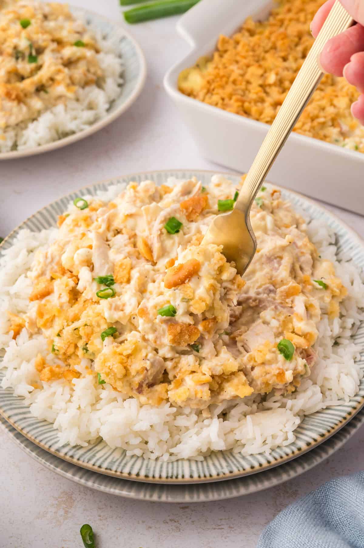 Plate full of cream cheese chicken casserole recipe.