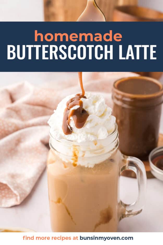 Butterscotch latte in glass jar with glass straw.