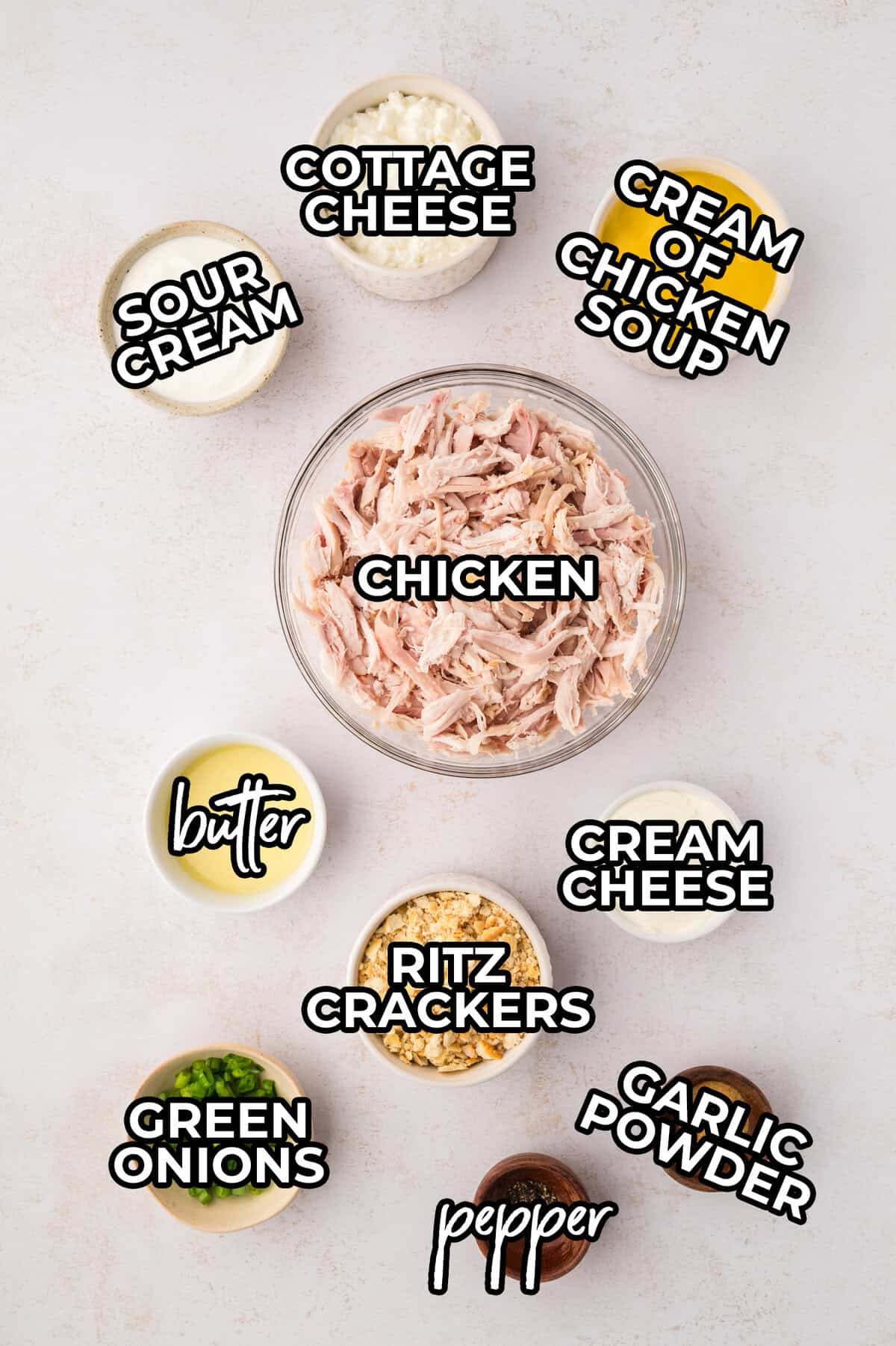 Ingredients for making million dollar chicken bake on counter.