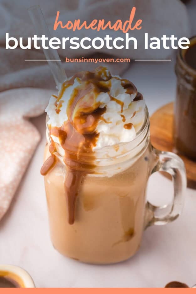 Butterscotch latte recipe topped with extra butterscotch sauce.