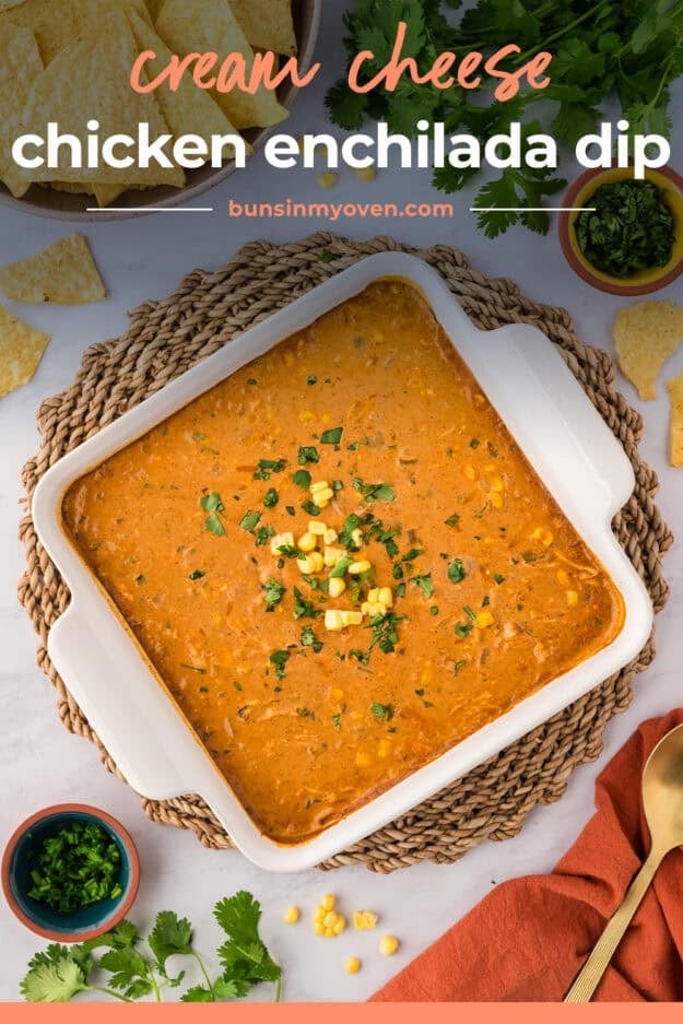 Baked chicken enchilada dip in white baking dish.