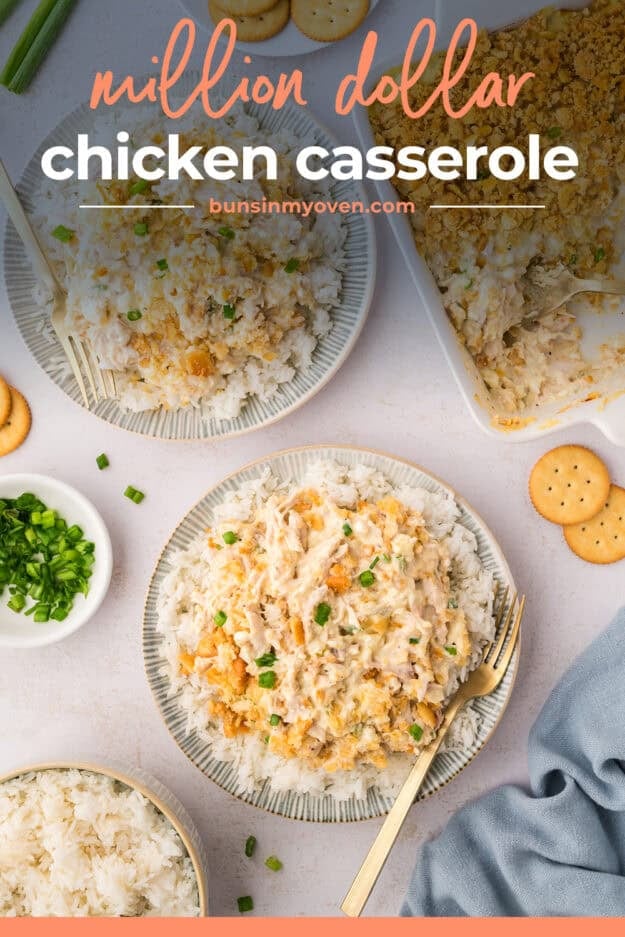 Chicken casserole topped with Ritz crackers over white rice.