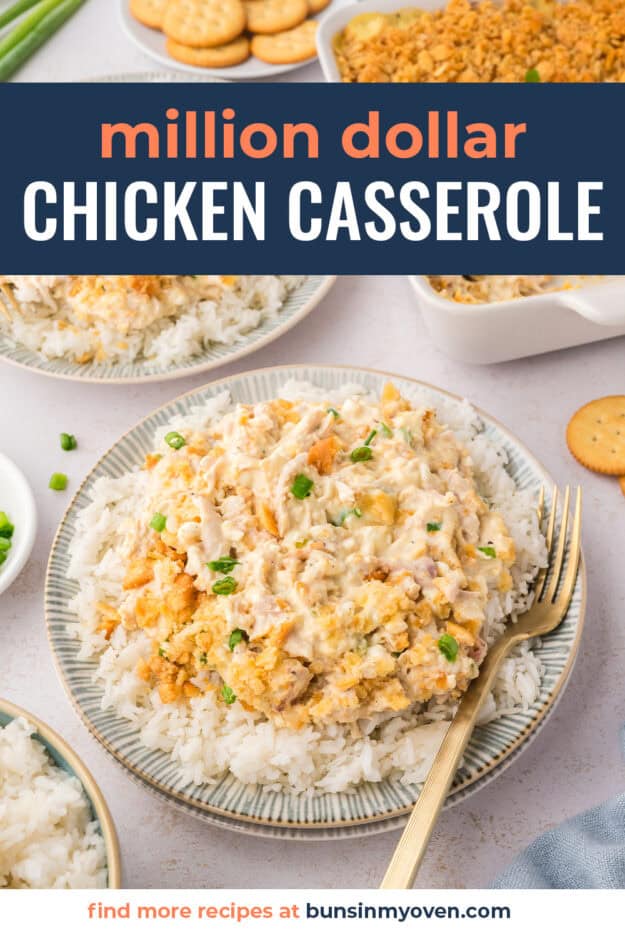 Million dollar chicken casserole on top of white rice.
