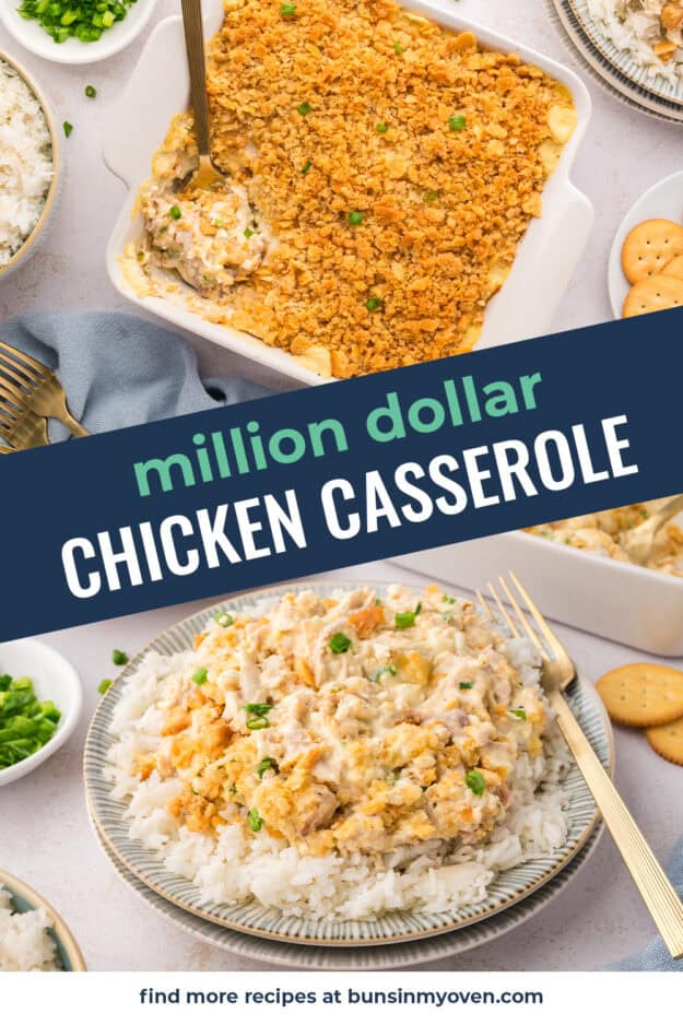 Collage of million dollar chicken casserole recipe images.
