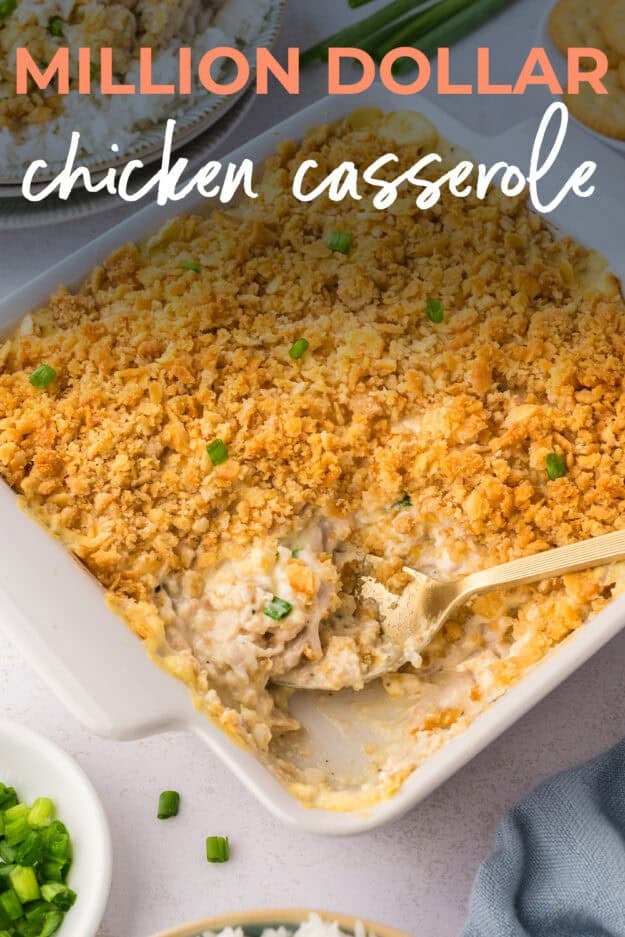 Baking dish filled with creamy chicken casserole.