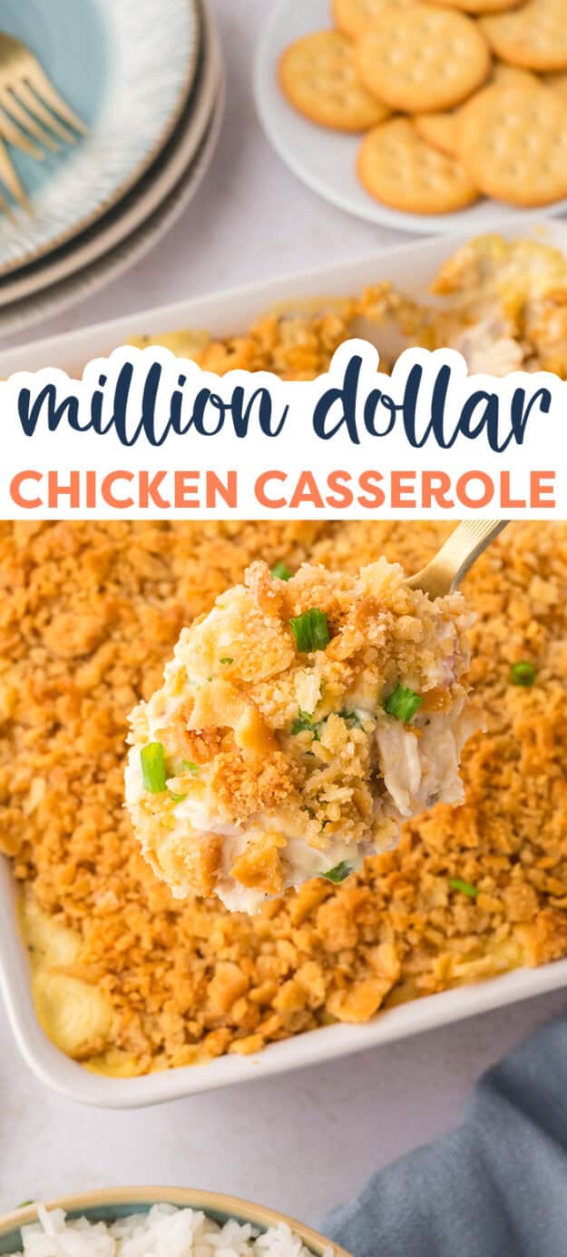 Chicken casserole with ritz crackers on top on spoon.